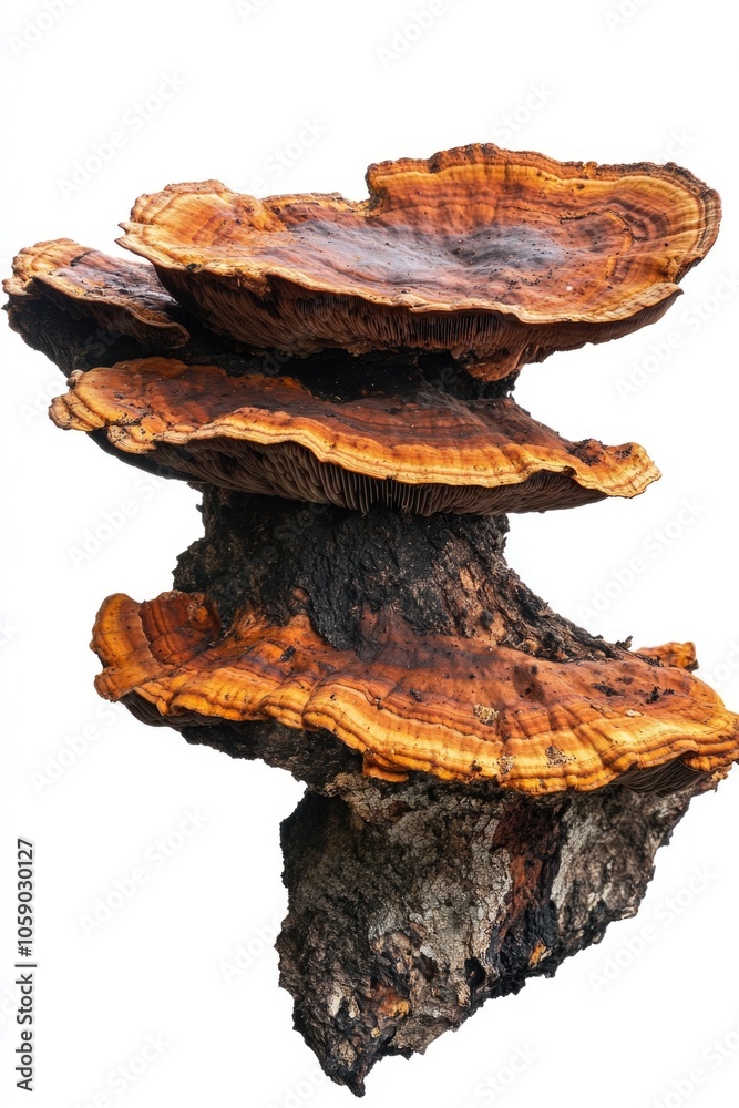 Wooden log with brown mushrooms growing on top of a tree stump. Natural growth in outdoor environment.