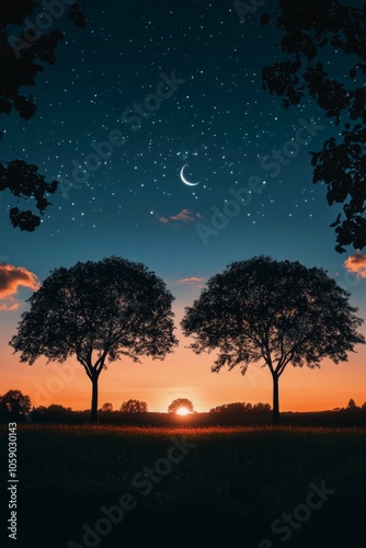 Three silhouetted trees against a vibrant sunset with a rising moon in the sky