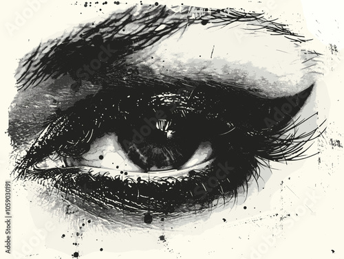 Close up of a woman's eye with a dark eyeliner. The eye is surrounded by a blurry, grainy background. Concept of intimacy and focus on the eye