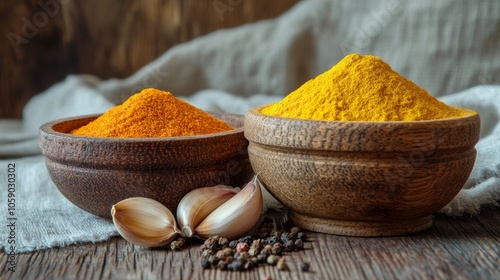 Fresh garlic and vibrant turmeric powder arranged on a wooden table with spices