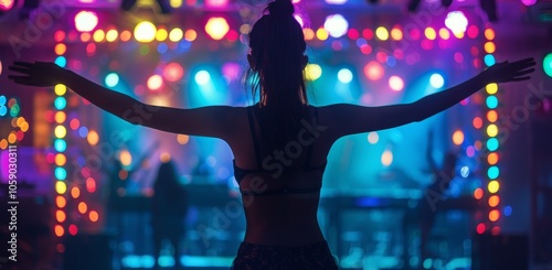 Woman Dancing In Front of Colorful Stage Lights at Night