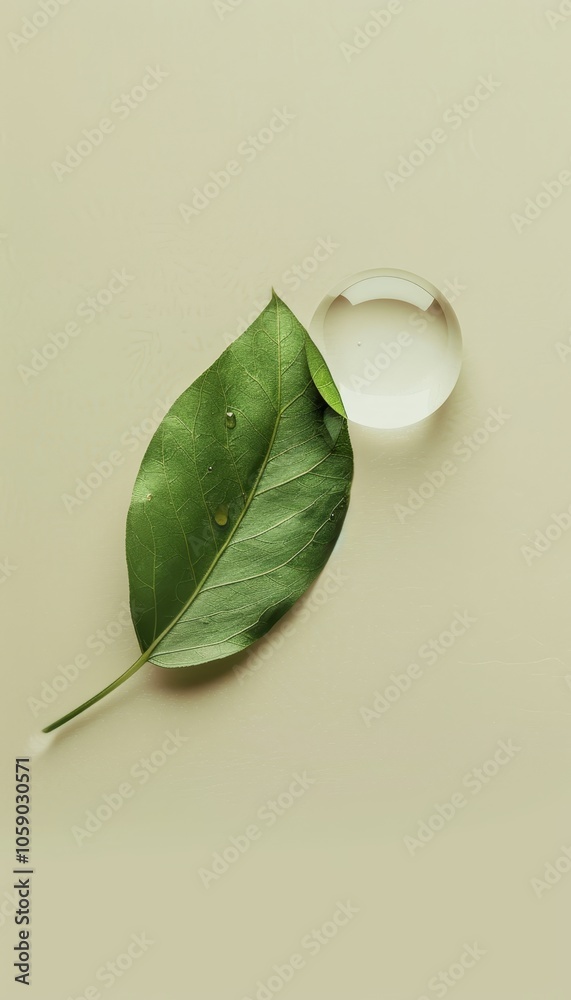 Minimalist image showcasing eco friendly water conservation with a droplet on a green leaf