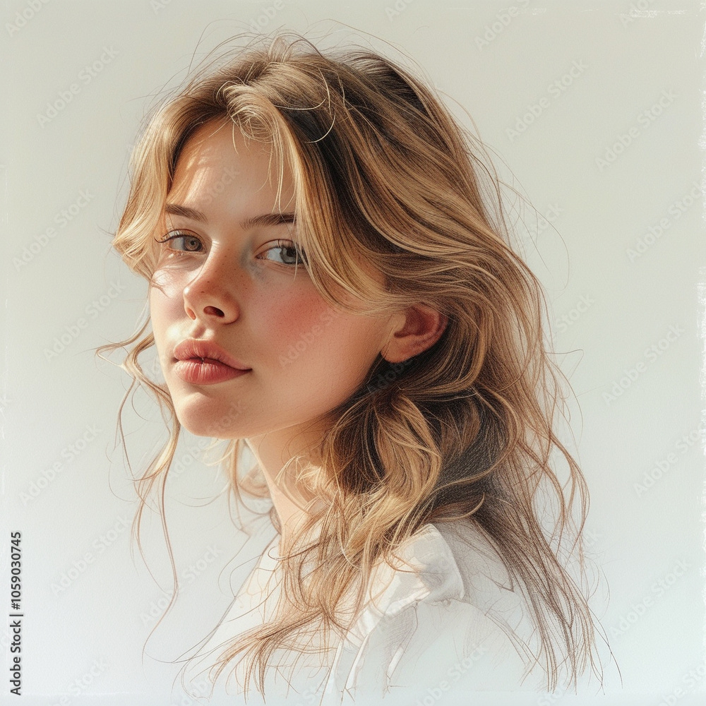 A serene portrait of a young woman with flowing hair against a soft, light background A serene portrait of a young woman with flowing hair against a soft, light background