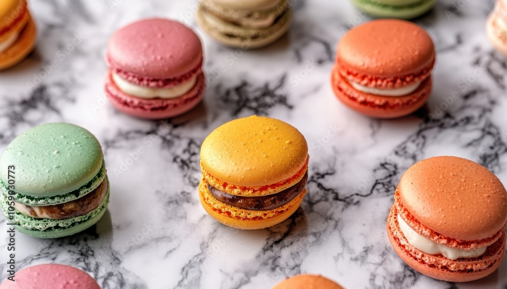 Fototapeta premium A colorful assortment of macarons displayed on a marble surface, showcasing their vibrant hues and tempting fillings.