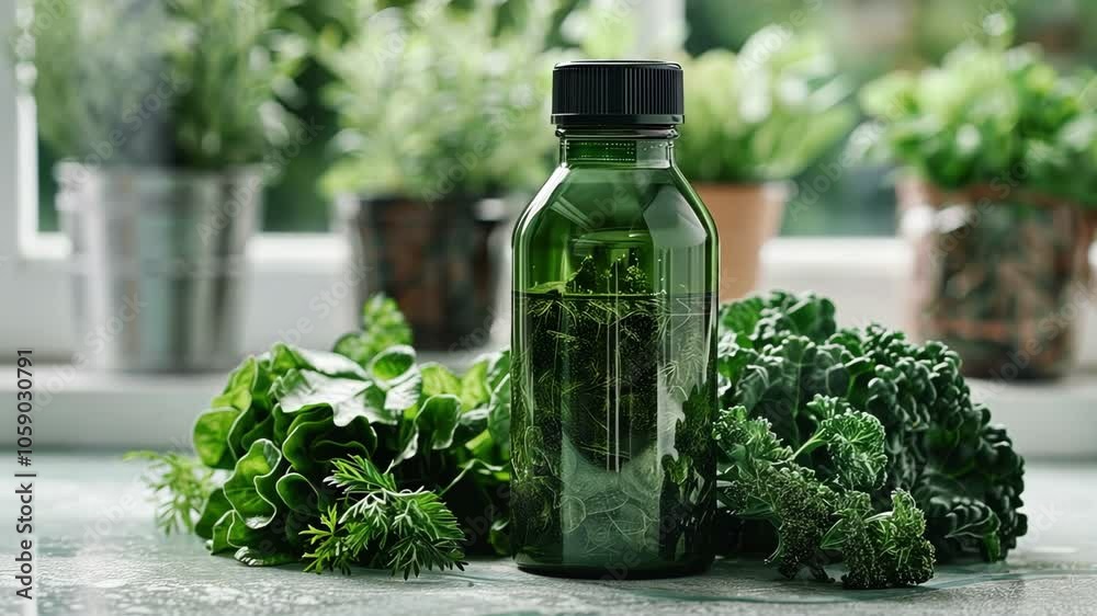A green bottle with dark liquid surrounded by fresh herbs and leafy greens indoors. A green bottle with dark liquid surrounded by fresh herbs and leafy greens indoors.