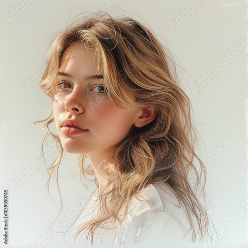 A serene portrait of a young woman with flowing hair against a soft, light background