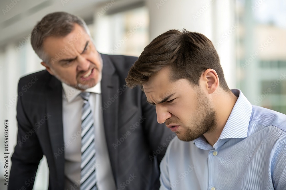 Angry boss in a suit scolding a young male employee in an office setting. The intense moment captures frustration and workplace tension. Angry boss in a suit scolding a young male employee in an office setting. The intense moment captures frustration and workplace tension.