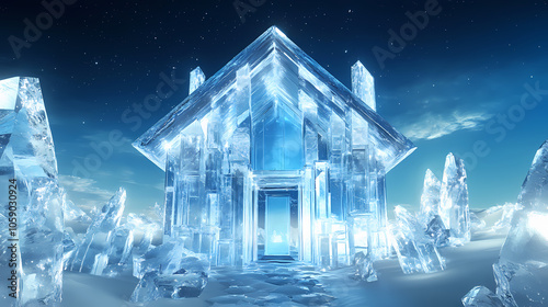 House inside a crystal shield, representing invulnerability, 3d illustration,. Crystal Fortress. Illustration photo