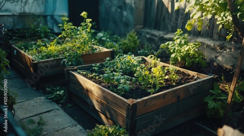A small garden space featuring wooden planters with a variety of herbs and vegetables. A sunny day setting.