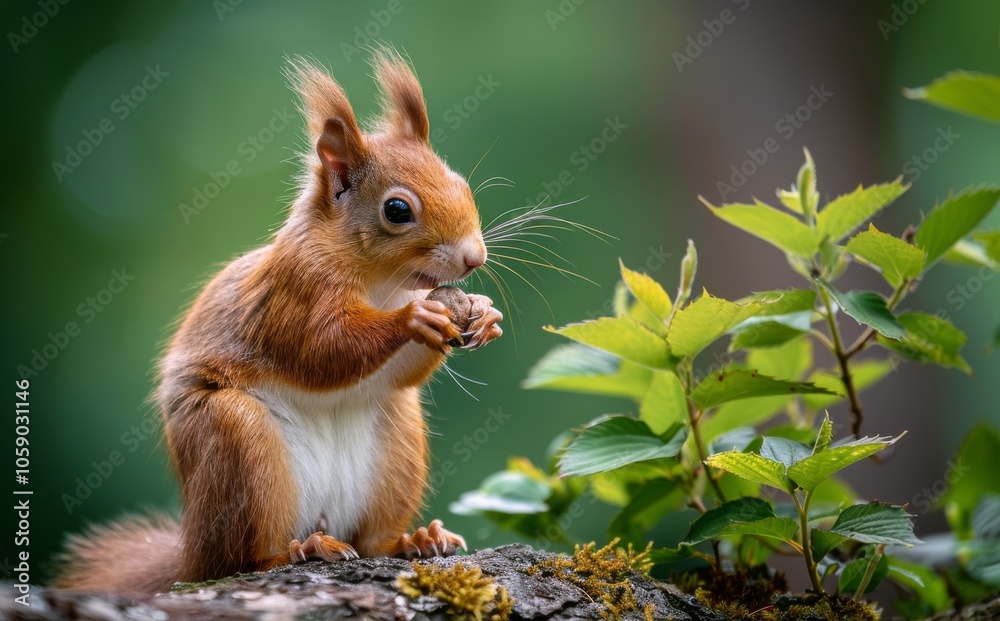 Red Squirrel Eating a Nut on a Tree Branch in a Forest Red Squirrel Eating a Nut on a Tree Branch in a Forest