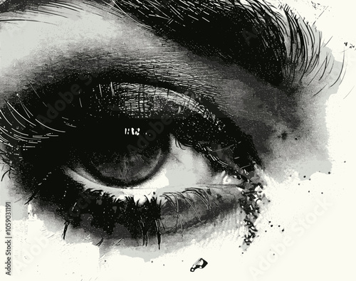 Close up of a person's eye with a blurry background. The eye is dark and has a shadow on it. Scene is mysterious and somewhat unsettling