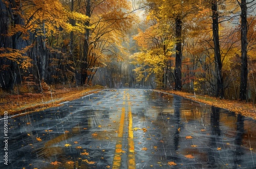 Rainy Autumn Road Through a Forest of Golden Leaves