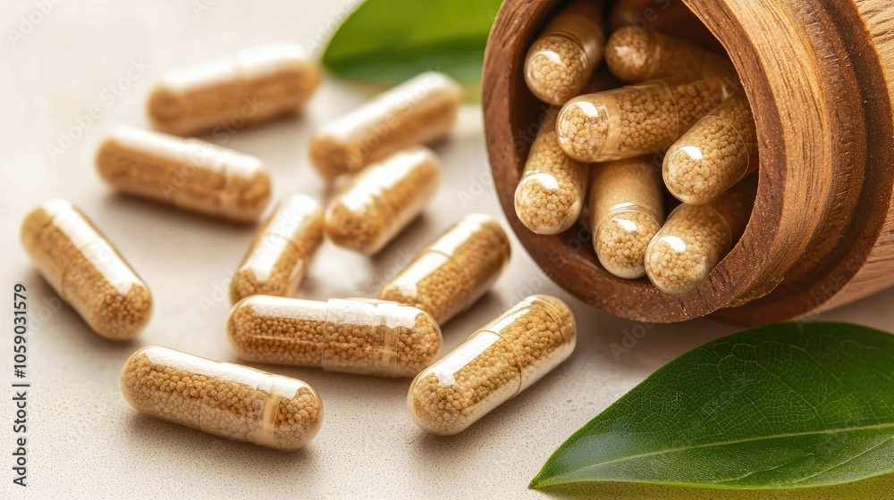 Herbal capsules spilling from a wooden jar surrounded by green leaves. Herbal capsules spilling from a wooden jar surrounded by green leaves.