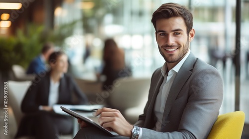 A man in a suit is smiling and holding a tablet