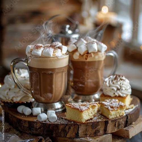 Two Cups of Steaming Hot Chocolate With Marshmallows and Cookies on a Wooden ...