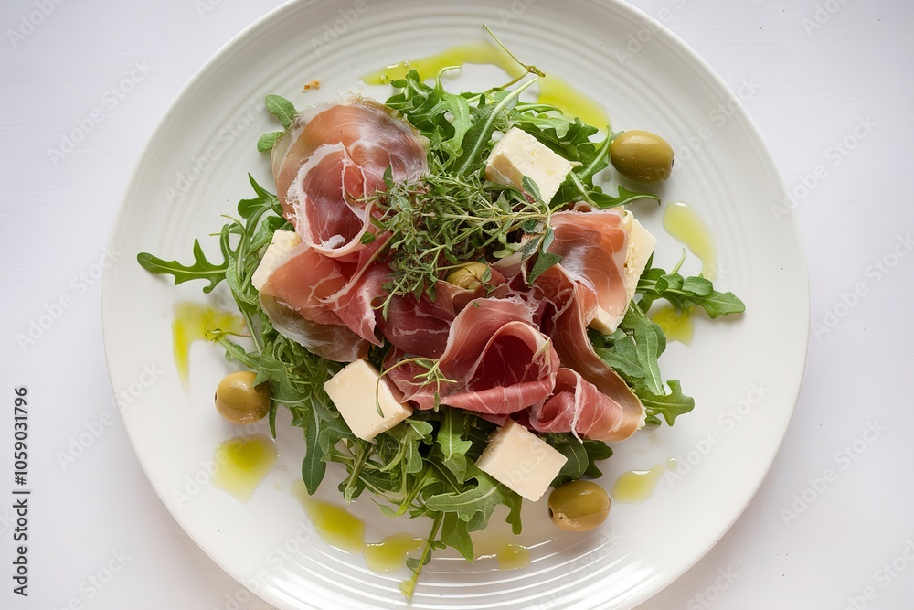 a salad with arugula, thin-sliced prosciutto, chunks of cheese, green olives a salad with arugula, thin-sliced prosciutto, chunks of cheese, green olives