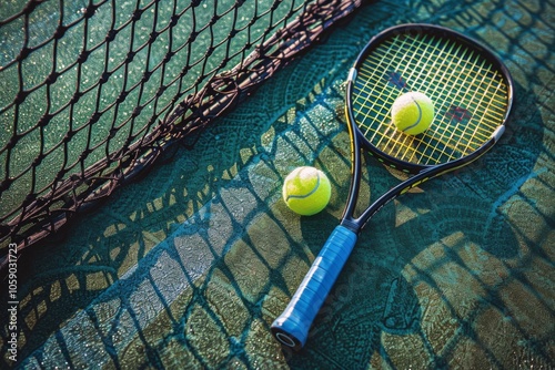 Two Tennis Racquets and Balls on a Green Court Surface