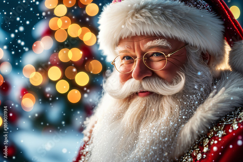 Man dressed as Santa Claus, complete with a red suit and white beard, standing in front of a Christmas tree adorned with lights. He is smiling and looking directly at the camera.