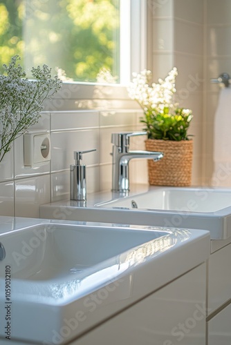 Modern bathroom with double sinks and neatly arranged towels in a bright setting