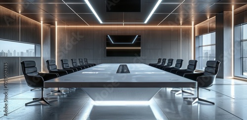 Modern Conference Room With City View and White Table