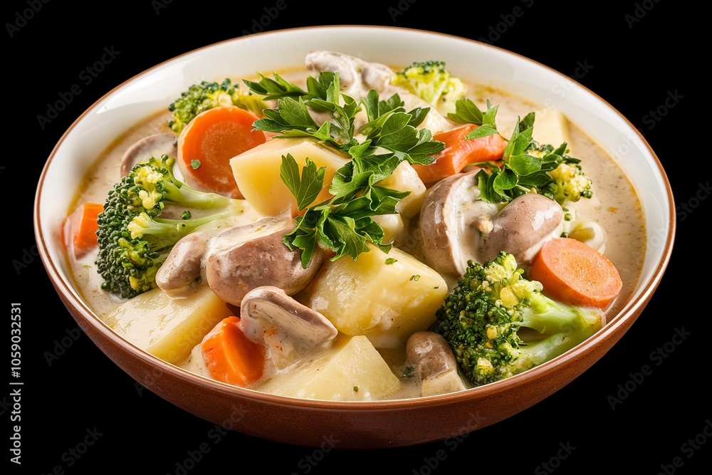 a bowl filled with a creamy hearty vegetable stew a bowl filled with a creamy hearty vegetable stew