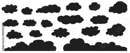 Black silhouettes of clouds. Set of cloud shapes, smoke or fog in the sky. Many vector objects with cloudy weather.