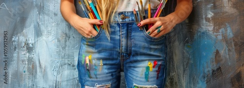 Woman's Blue Jeans Filled With Paintbrushes and Pencils