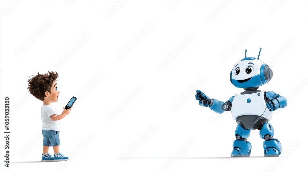 Boy Interacting with Friendly Blue Robot Holding Smartphone Boy Interacting with Friendly Blue Robot Holding Smartphone