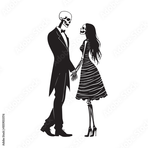 A skeleton couple dressed in formal attire, holding hands. Stylized Skeleton Bride and Groom Illustration for Halloween. Perfect for Halloween, Day of the Dead, or gothic-themed designs.