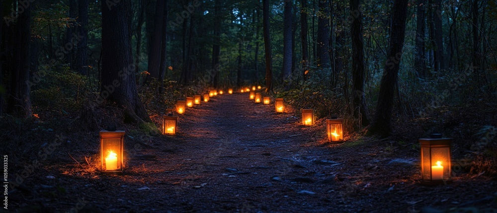 Path illuminated by lanterns through a dark forest creates a magical ...