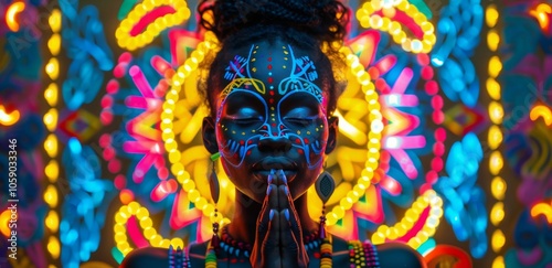 Woman With Face Paint Posing In Front Of Neon Lights