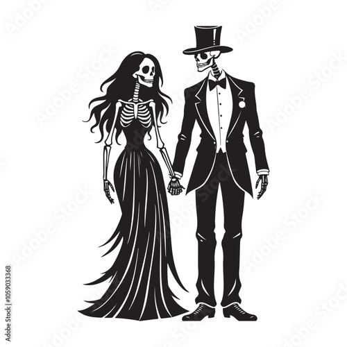 A skeleton couple dressed in formal attire, holding hands. Stylized Skeleton Bride and Groom Illustration for Halloween. Perfect for Halloween, Day of the Dead, or gothic-themed designs.