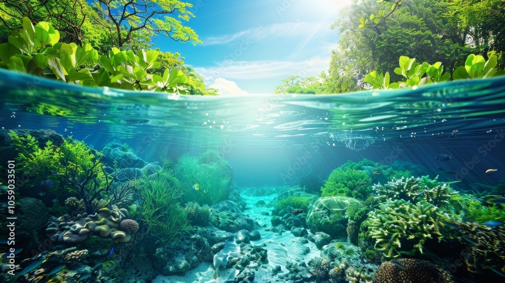 A serene water scene highlighting eco responsibility with lush greenery and clear blue water A serene water scene highlighting eco responsibility with lush greenery and clear blue water