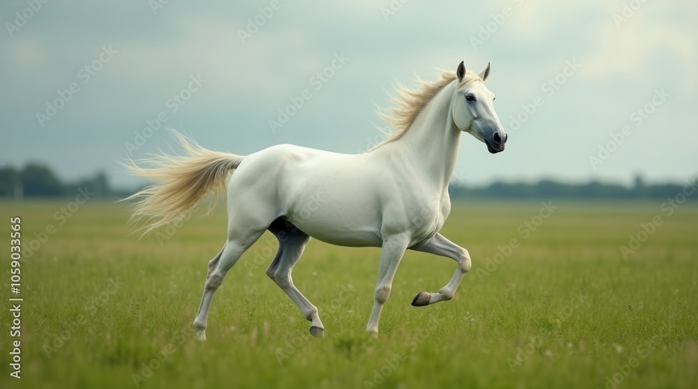 White Stallion Galloping Freely in Green Pasture Majestic Horse with Flowing Mane Symbol of Freedom White Stallion Galloping Freely in Green Pasture Majestic Horse with Flowing Mane Symbol of Freedom
