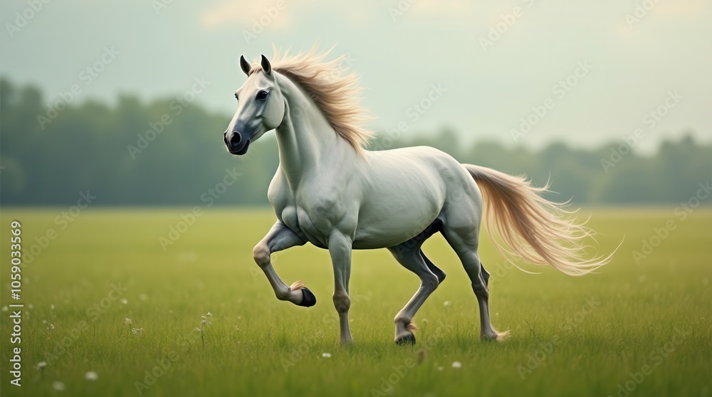 White Stallion Galloping Freely in Green Pasture Majestic Horse with Flowing Mane Symbol of Freedom White Stallion Galloping Freely in Green Pasture Majestic Horse with Flowing Mane Symbol of Freedom
