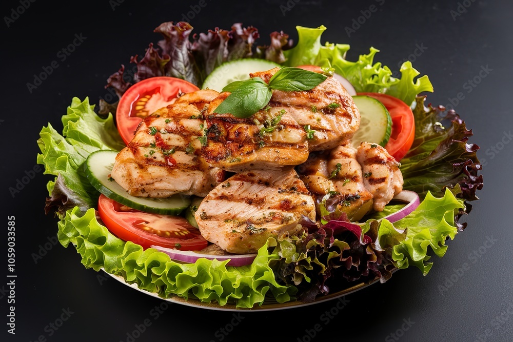 A photo of delicious and fresh chicken shashlik on a plate with mixed salad A photo of delicious and fresh chicken shashlik on a plate with mixed salad