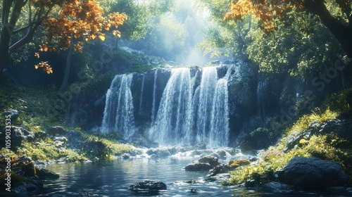 Serene Waterfall in Lush Forest