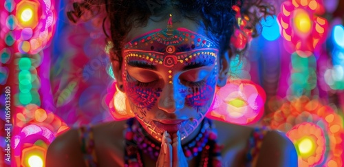 Woman With Face Paint Posing In Front Of Neon Lights