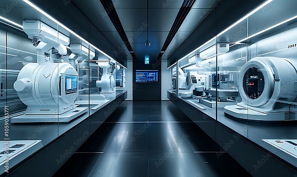 A high-tech, futuristic display of advanced medical equipment in a sleek, illuminated corridor. A high-tech, futuristic display of advanced medical equipment in a sleek, illuminated corridor.