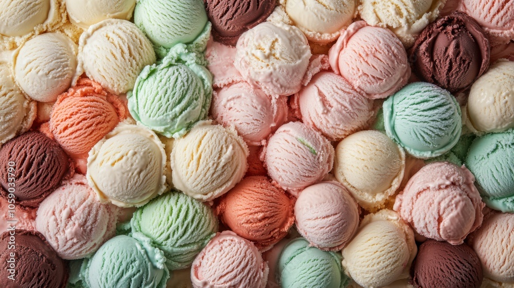 A full frame filled with scoops of ice cream in various flavors: chocolate, strawberry, vanilla, and mint, with the creamy textures tightly packed together. A full frame filled with scoops of ice cream in various flavors: chocolate, strawberry, vanilla, and mint, with the creamy textures tightly packed together.