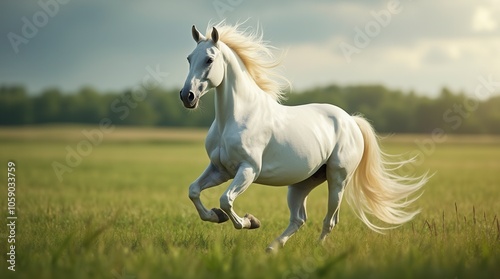 White Stallion Galloping Freely in Green Pasture Majestic Horse with Flowing Mane Symbol of Freedom