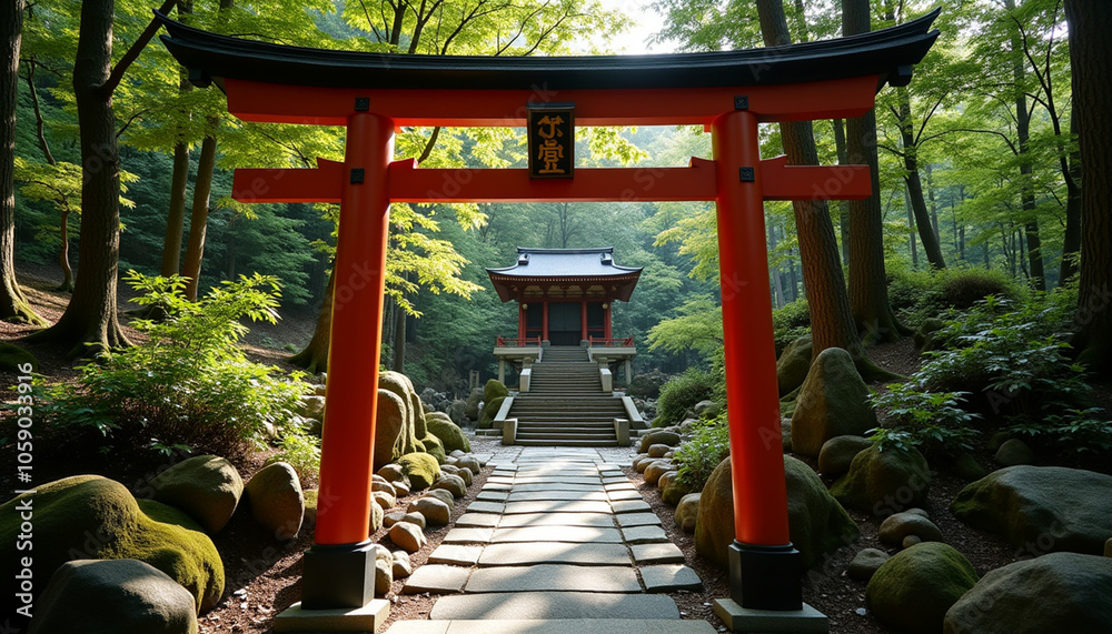 Shrine in the woods background, traditional Japanese torii gates leading up a stone path to a small shrine surrounded by trees, peaceful and spiritual Shrine in the woods background, traditional Japanese torii gates leading up a stone path to a small shrine surrounded by trees, peaceful and spiritual