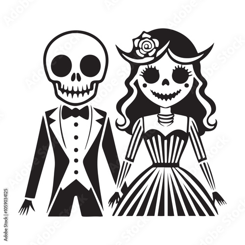 A skeleton couple dressed in formal attire, holding hands. Stylized Skeleton Bride and Groom Illustration for Halloween. Perfect for Halloween, Day of the Dead, or gothic-themed designs.