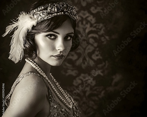 Vintage Inspired Portrait of a Confident and Timeless Woman in 1920s Flapper Fashion