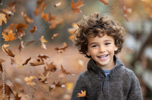 Boy Laughing in Falling Autumn Leaves
