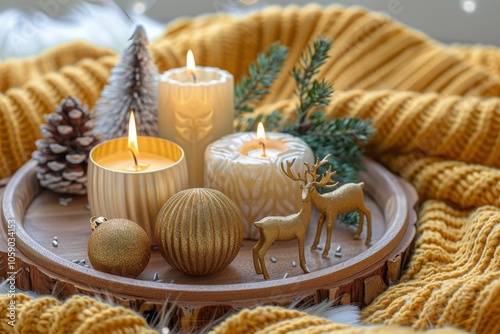 Golden Christmas Decorations and Candles on Wooden Tray