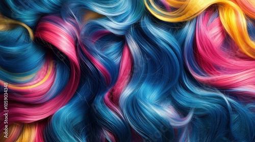 Vibrant waves of colorful hair with blue, orange, and purple hues in abstract...