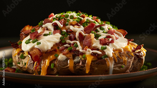 A loaded baked potato topped with sour cream, shredded cheese, bacon bits, and chives