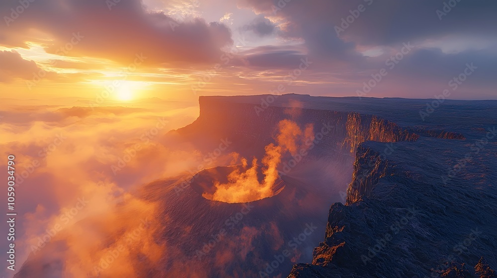 A breathtaking sunset casts orange and purple hues over a volcanic landscape, featuring a steaming crater surrounded by mist and rugged terrain, evoking a sense of awe and wonder. A breathtaking sunset casts orange and purple hues over a volcanic landscape, featuring a steaming crater surrounded by mist and rugged terrain, evoking a sense of awe and wonder.
