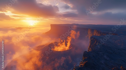 A breathtaking sunset casts orange and purple hues over a volcanic landscape, featuring a steaming crater surrounded by mist and rugged terrain, evoking a sense of awe and wonder.